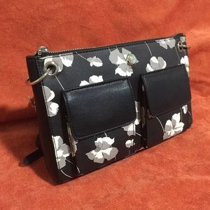 Black crossbody bag with print.